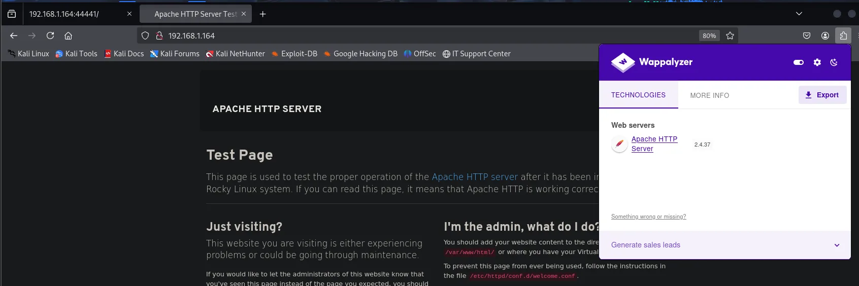 Wappalyzer sobre 192.168.1.164 solo detecta Apache HTTP Server 2.4.37, sobre la Test Page de Rocky Linux