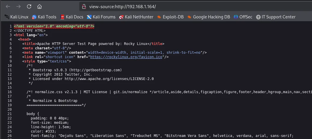 el view-source del 80 muestra el HTML de la Test Page de Rocky Linux, con su favicon y su Bootstrap 3.0.3