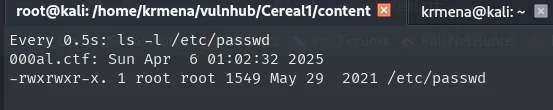 watch muestra /etc/passwd con propietario root:root y permisos -rwxrwxr-x