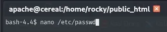 el comando nano /etc/passwd tecleado desde el public_html de rocky