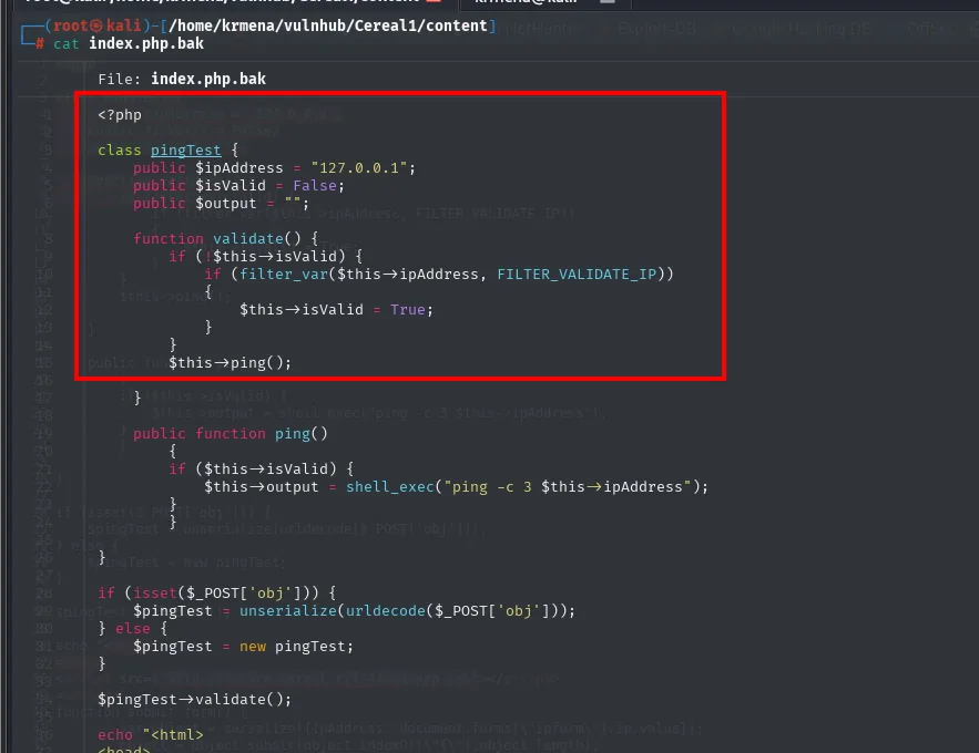 index.php.bak revelando la clase pingTest: $isValid=False, validate() comprueba filter_var solo si !isValid, y ping() hace shell_exec("ping -c 3 $ipAddress") cuando isValid es True