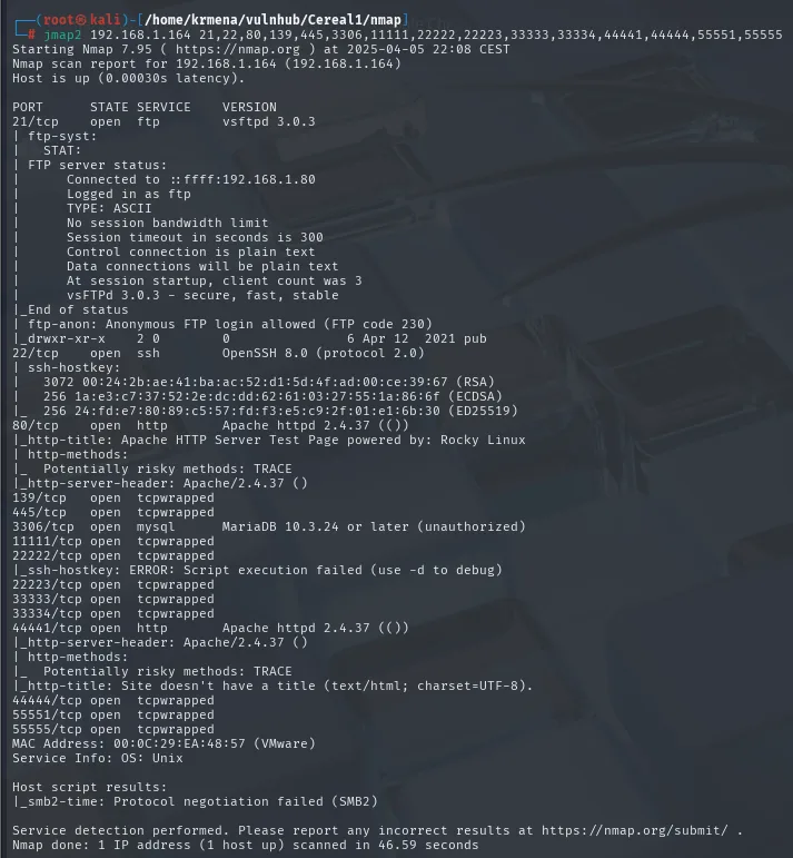 el escaneo de versiones identifica vsftpd 3.0.3 con login anónimo, OpenSSH 8.0, Apache 2.4.37 en el 80 y el 44441, MariaDB, y marca el resto como tcpwrapped