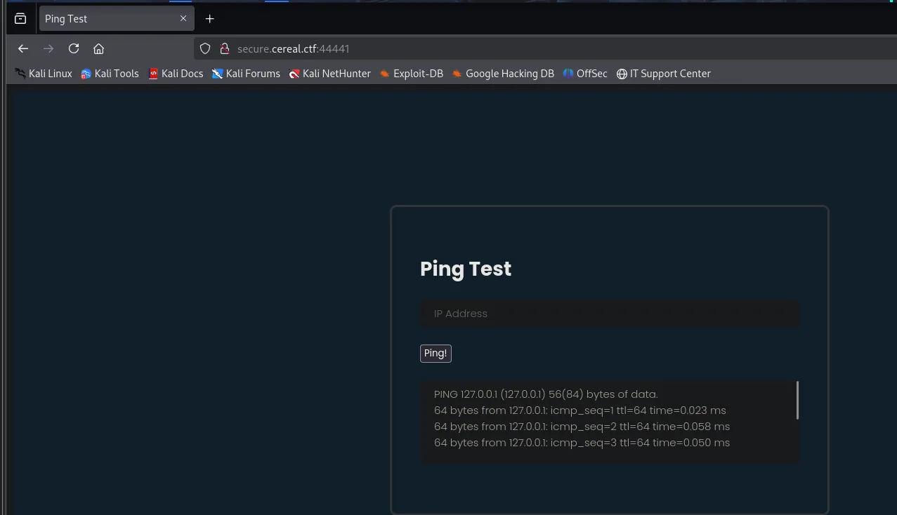 Panel "Ping Test" en secure.cereal.ctf:44441: un campo IP Address y la salida de un ping a 127.0.0.1