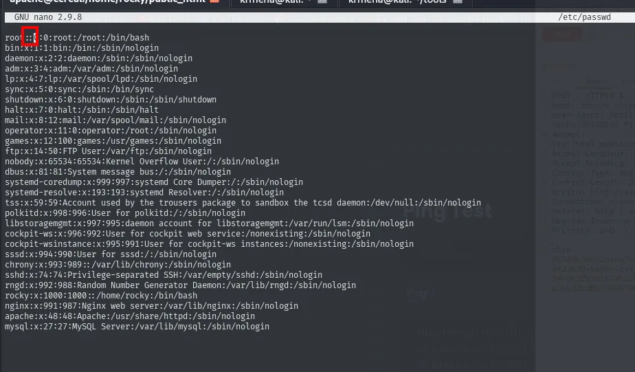 el /etc/passwd abierto en nano con la primera línea cambiada a root::0:0:root:/root:/bin/bash
