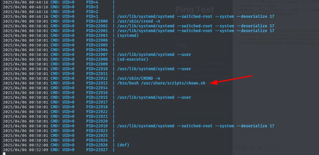 pspy captura CROND y /bin/bash /usr/share/scripts/chown.sh ejecutándose como UID=0