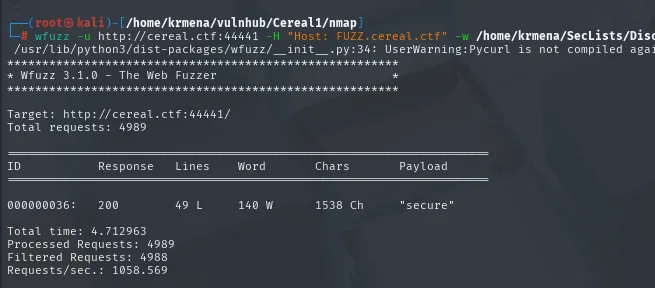 wfuzz descubriendo el subdominio secure sobre cereal.ctf:44441