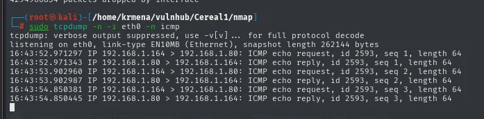 tcpdump captura tres pares de ICMP echo request y reply entre 192.168.1.164 y nuestra máquina