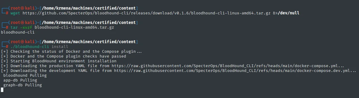 bloodhound-cli install comprobando Docker y el plugin Compose, descargando los ficheros YAML y tirando de las imágenes bloodhound, app-db y graph-db