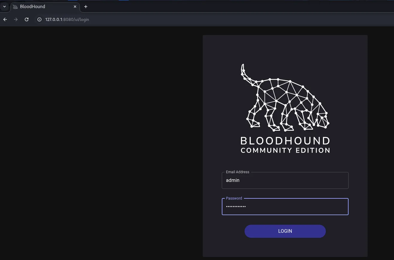 Pantalla de login de BloodHound Community Edition en 127.0.0.1:8080/ui/login, con el usuario admin y la contraseña que generó la instalación