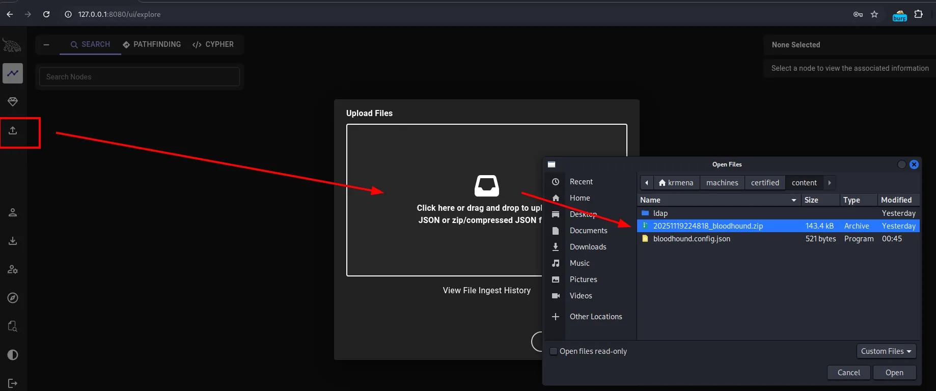 El diálogo Upload Files de BloodHound con el selector de ficheros abierto sobre 20251119224818_bloodhound.zip, de 143,4 kB
