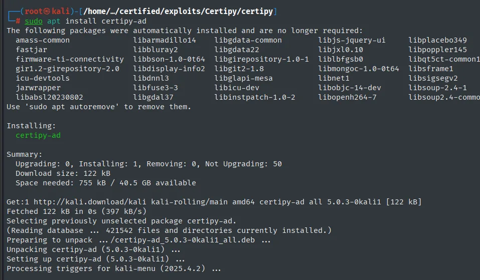 sudo apt install certipy-ad instalando el paquete certipy-ad 5.0.3-0kali1 desde el repositorio kali-rolling