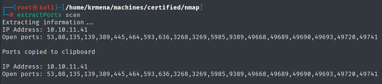 extractPorts leyendo el fichero scan y devolviendo la IP 10.10.11.41 y la lista de puertos abiertos separada por comas, copiada al portapapeles