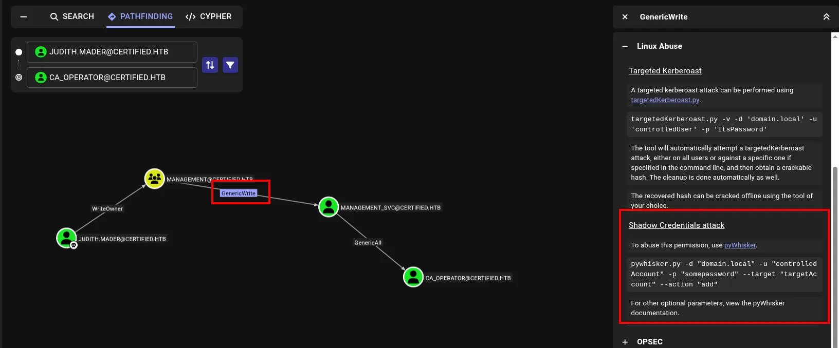 La pestaña de abuso de GenericWrite en BloodHound listando entre las opciones el ataque de Shadow Credentials