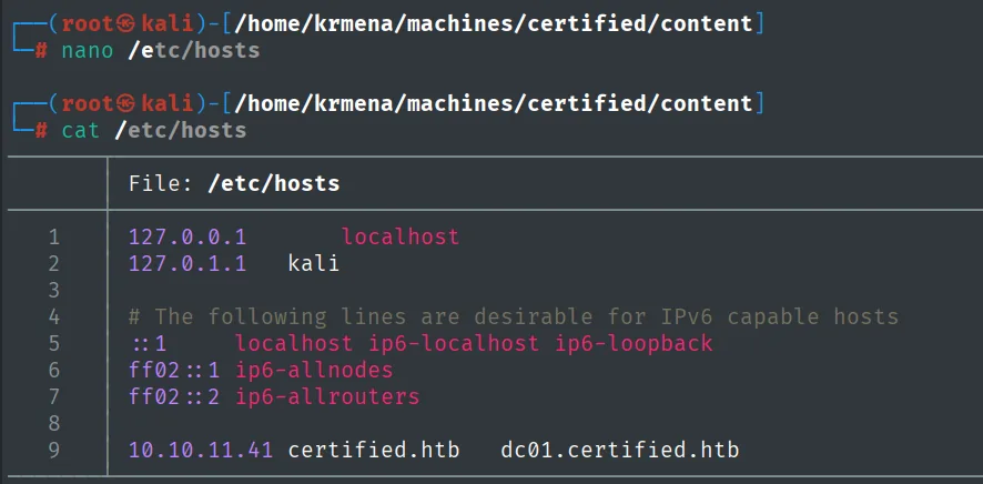 /etc/hosts con la línea 10.10.11.41 certified.htb dc01.certified.htb