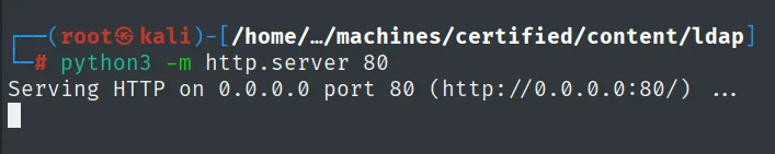 python3 -m http.server 80 sirviendo el directorio ldap: "Serving HTTP on 0.0.0.0 port 80"
