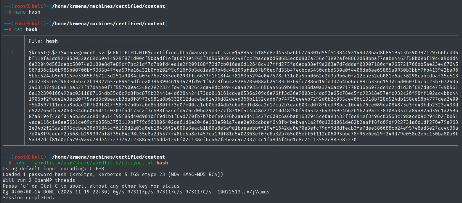 john cargando el hash krb5tgs etype 23 y terminando en 14 segundos con 0 contraseñas encontradas