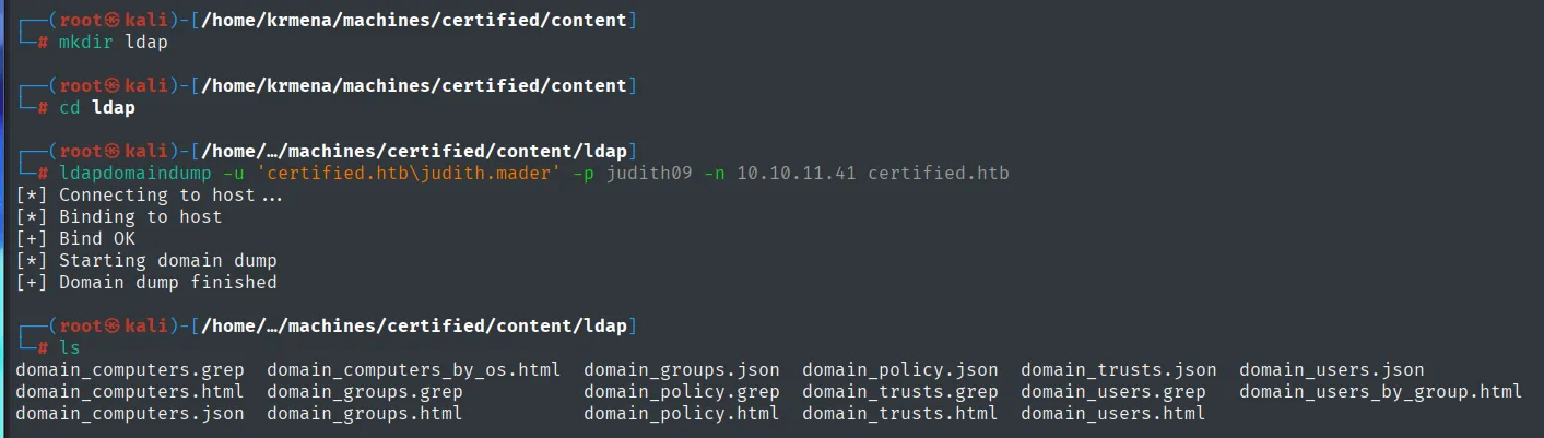 ldapdomaindump conectando, haciendo bind OK y generando los ficheros domain_users, domain_groups, domain_policy, domain_trusts y domain_computers en formatos grep, html y json