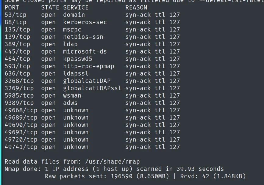 nmap -p- contra 10.10.11.41: 19 puertos abiertos, entre ellos 53, 88, 135, 139, 389, 445, 464, 593, 636, 3268, 3269, 5985, 9389 y seis puertos RPC dinámicos por encima del 49000