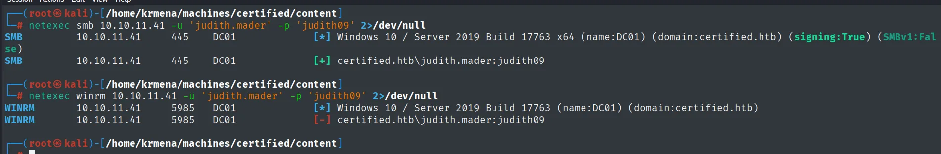 netexec da por válida a judith.mader en SMB y la rechaza en WinRM