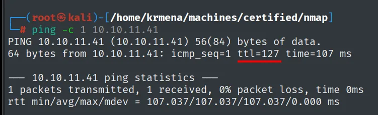 ping a 10.10.11.41 con ttl=127
