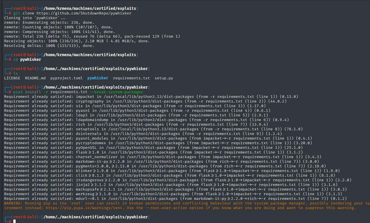 El repositorio github.com/ShutdownRepo/pywhisker con sus ficheros pywhisker.py, requirements.txt y setup.py