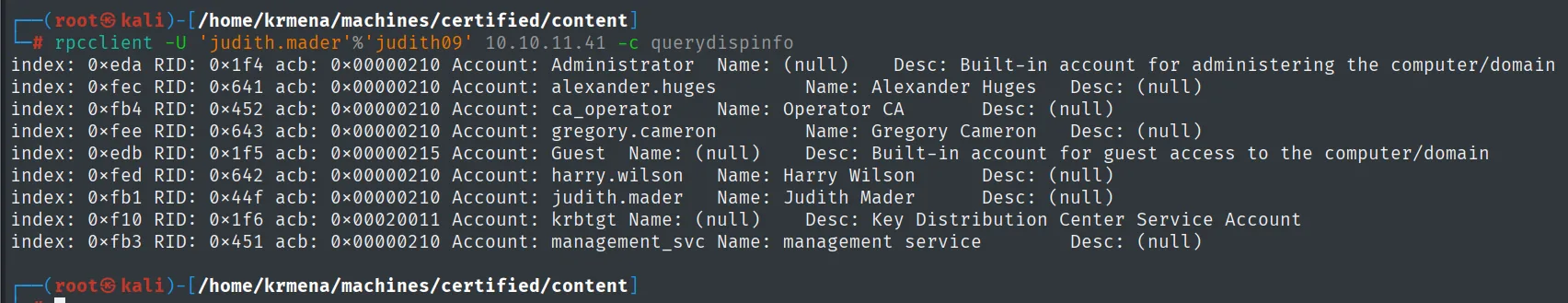 rpcclient querydispinfo mostrando las nueve cuentas con Desc (null) salvo las integradas; ca_operator tiene Name "Operator CA" y management_svc "management service"