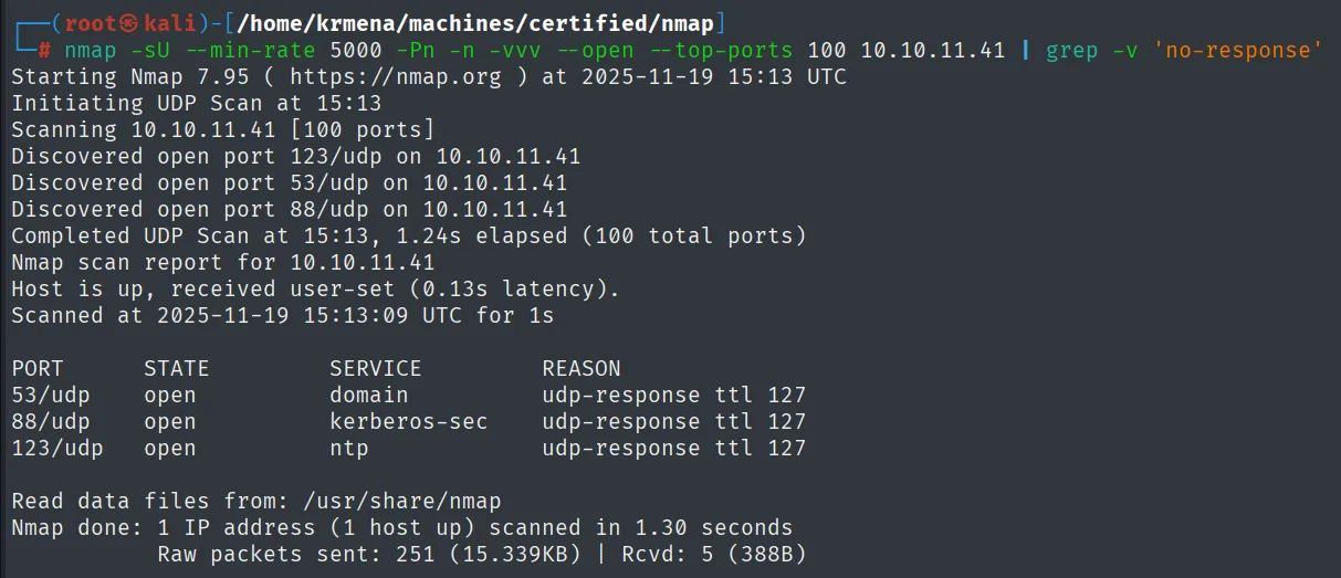 nmap -sU sobre los top 100 puertos UDP de 10.10.11.41: descubre 53 (domain), 88 (kerberos-sec) y 123 (ntp), todos con ttl 127