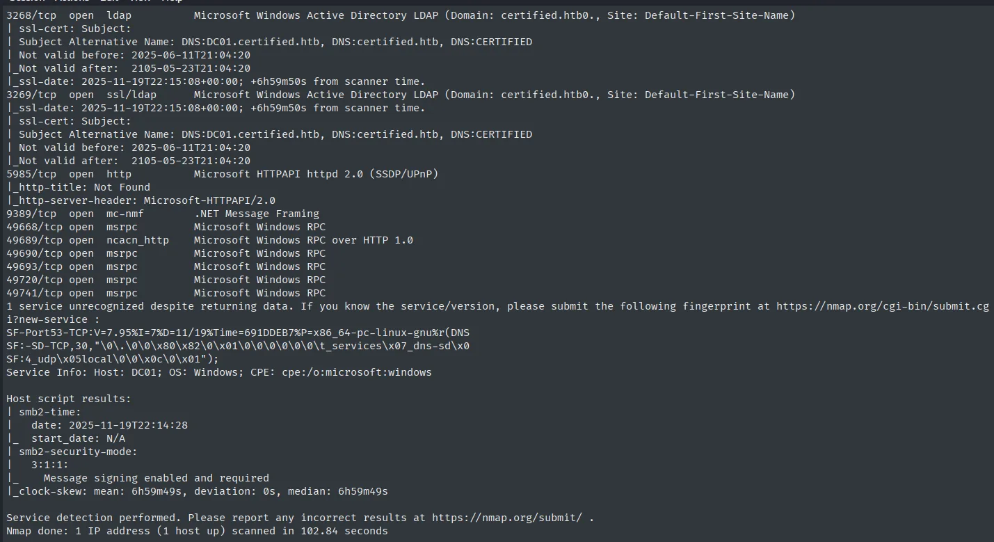 continuación del nmap -sCV: el 5985 es Microsoft HTTPAPI httpd 2.0, el 9389 .NET Message Framing, seis puertos msrpc, y el bloque final con smb2-security-mode "Message signing enabled and required" y clock-skew de 6h59m49s