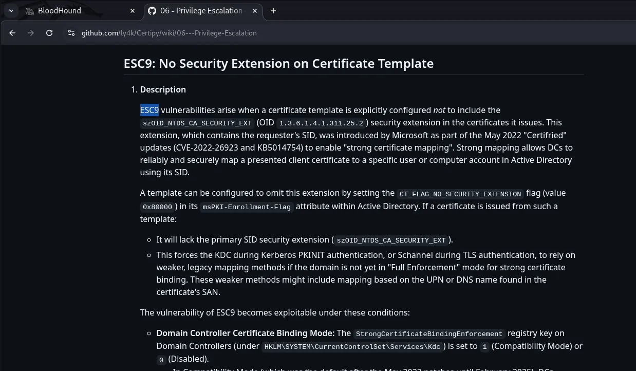 La wiki de Certipy: ESC9 - No Security Extension on Certificate Template, con la descripción del flag CT_FLAG_NO_SECURITY_EXTENSION y las condiciones de explotación