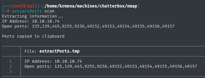 extractPorts resume el escaneo de Chatterbox: IP 10.10.10.74 y los once puertos abiertos, copiados al portapapeles