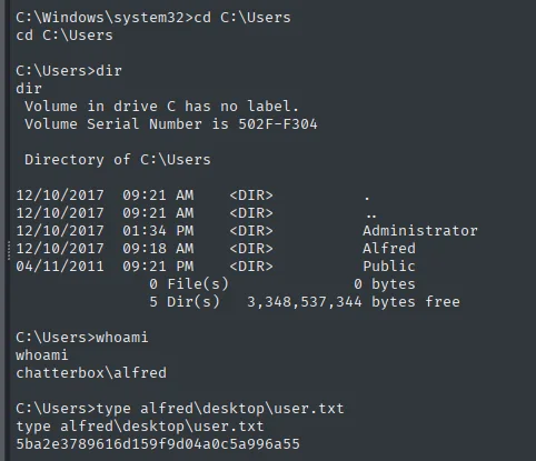 shell como chatterbox\alfred leyendo user.txt